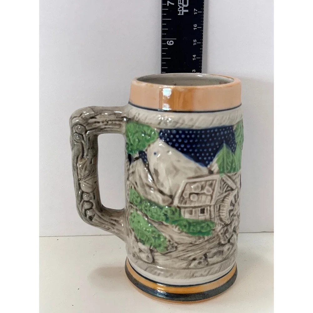 Vintage Hand Painted Ceramic Beer Stein Relief Scene Village Folk Art Mug 5.5in